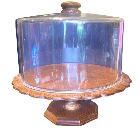 Unbranded Other - Vintage mid century modern wooden acrylic cake pedestal dome lightweight etched